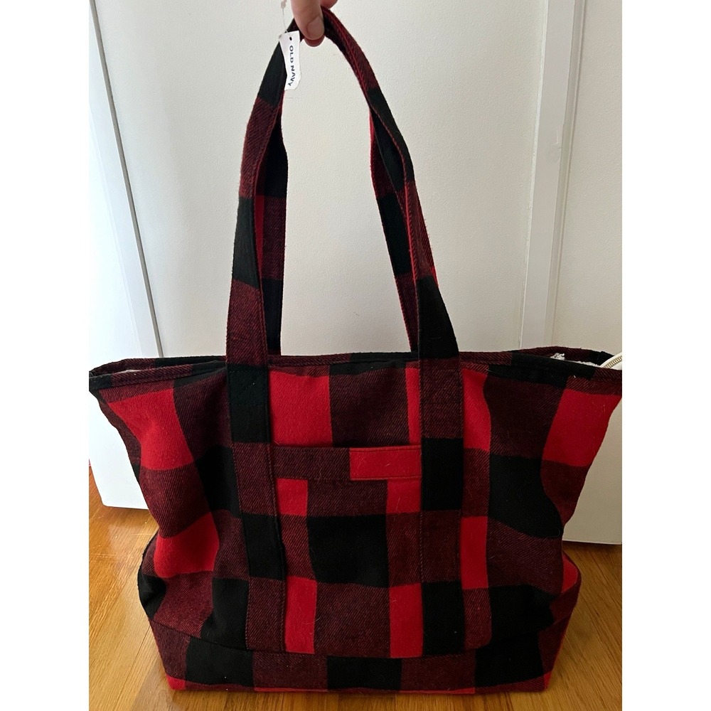 Old Navy Red Black Buffalo Check Plaid Sherpa Lined Tote Bag Zip Top 816709-08-1